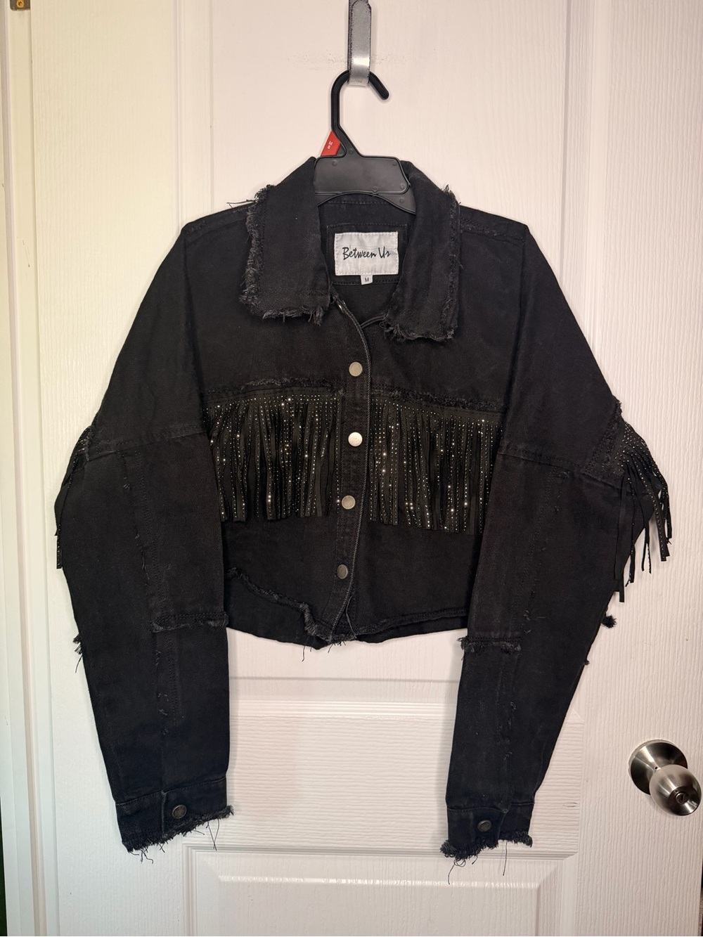 Between Us Black Cropped Fringe Denim Jacket